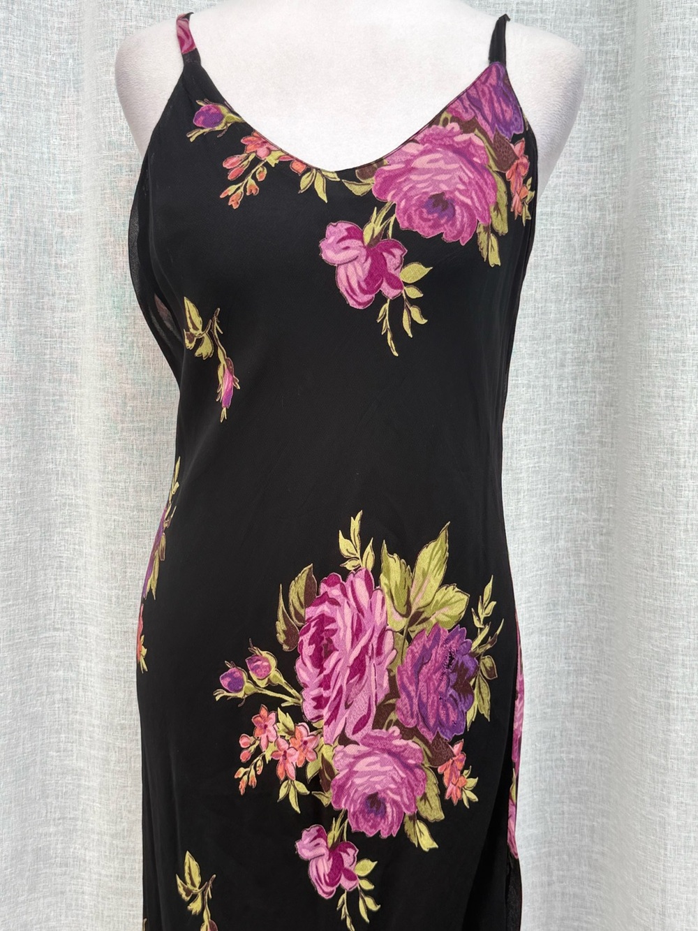 Y2K Temptation black purple roses print maxi sleeveless bias cut rayon  dress - Picture 5 of 10
